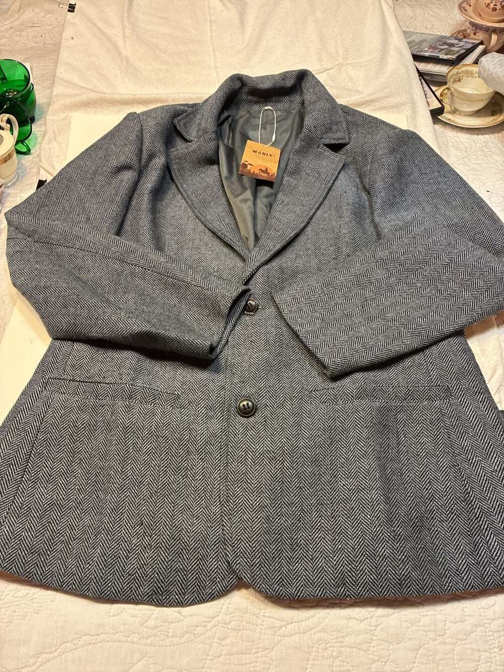 NWT MANLY Brand Grey Herringbone Cotton-Linen Blend Blazer